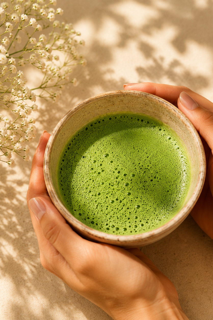 Japanese ceremonial matcha tea prepared traditionally with a smooth frothy texture. Hotea