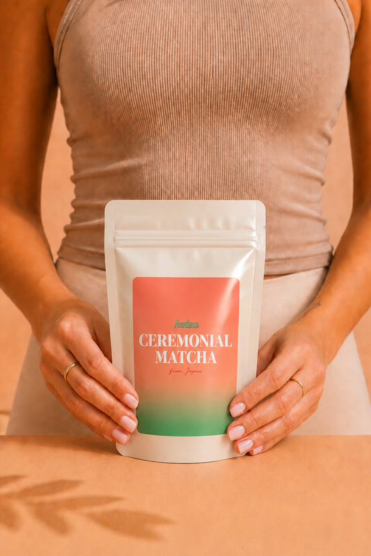 Ceremonial grade matcha powder from Japan in a 100g pouch. eremonial grade Japanese matcha powder in a 100g pouch for daily matcha preparation