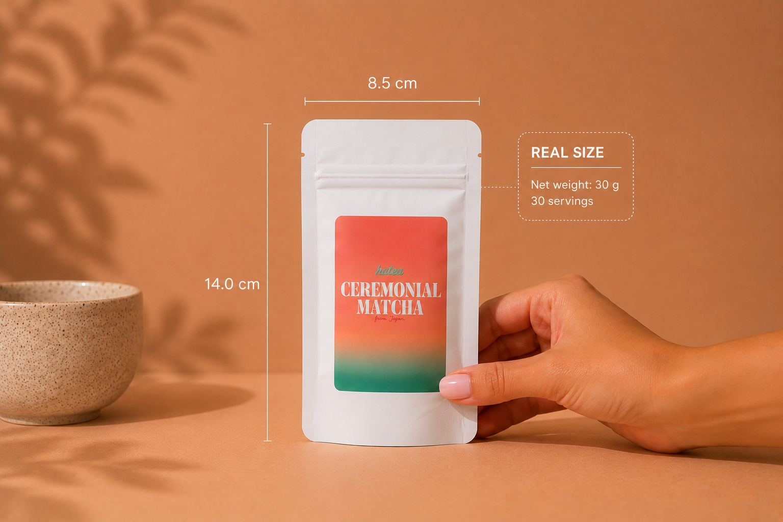 Ceremonial matcha 30g pouch showing package dimensions and serving size. Japanese ceremonial matcha 30g pouch with dimensions and approximately 30 servings