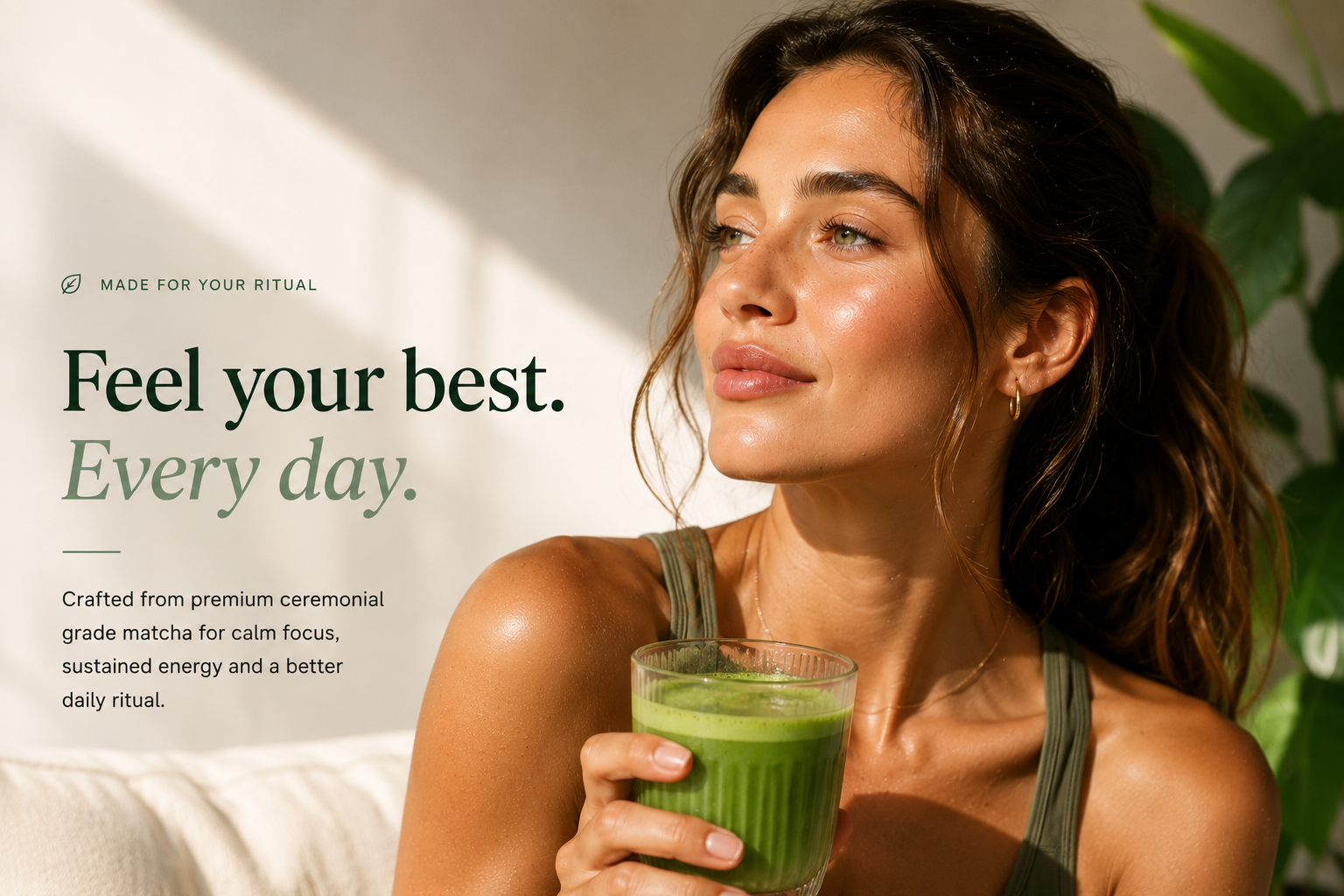 Woman drinking premium Japanese ceremonial matcha rich in antioxidants for sustained energy and mental clarity. Healthy woman enjoying a vibrant ceremonial matcha made from premium Japanese green tea leaves.Daily ritual with premium Japanese matcha providing clean energy, focus and a balanced lifestyle.