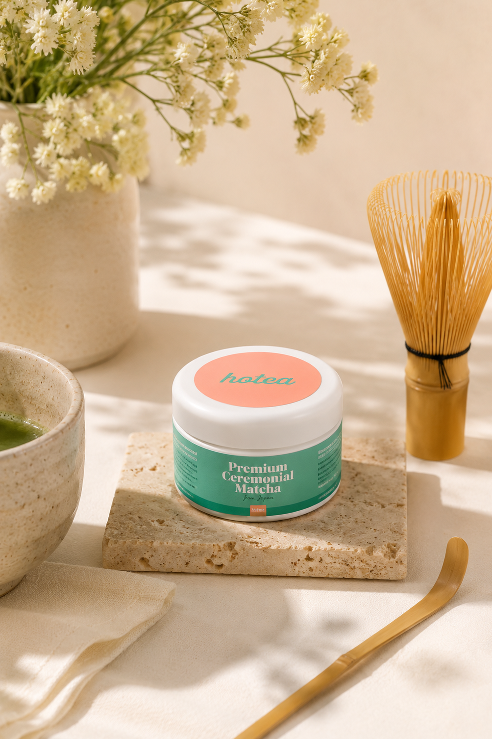 Premium ceremonial matcha from Japan with traditional bamboo whisk and matcha bowl. Hotea. Premium ceremonial matcha crafted for traditional preparation with bamboo whisk and matcha accessories
