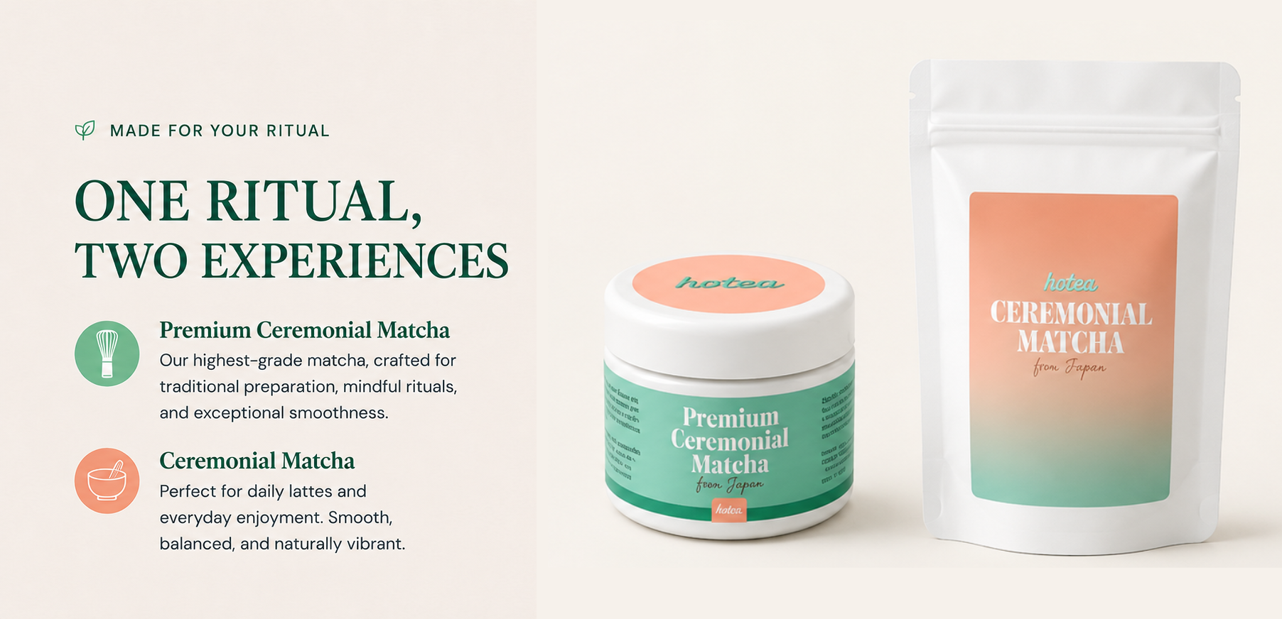 Comparison between premium ceremonial matcha and ceremonial matcha for different daily rituals. Premium ceremonial matcha and ceremonial matcha comparison showing traditional and everyday preparation options.
