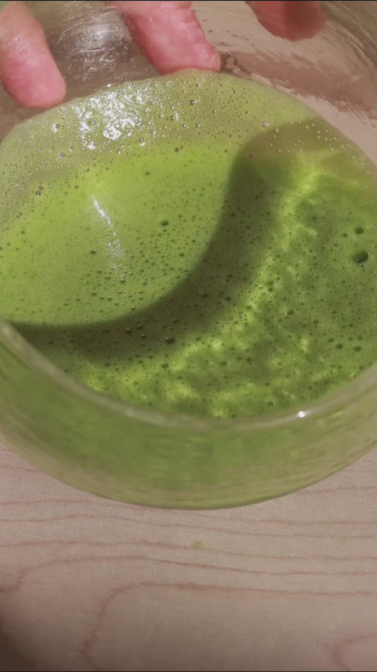 Ceremonial matcha with a smooth frothy texture prepared traditionally. Premium Japanese ceremonial matcha with a vibrant green colour and smooth frothy texture