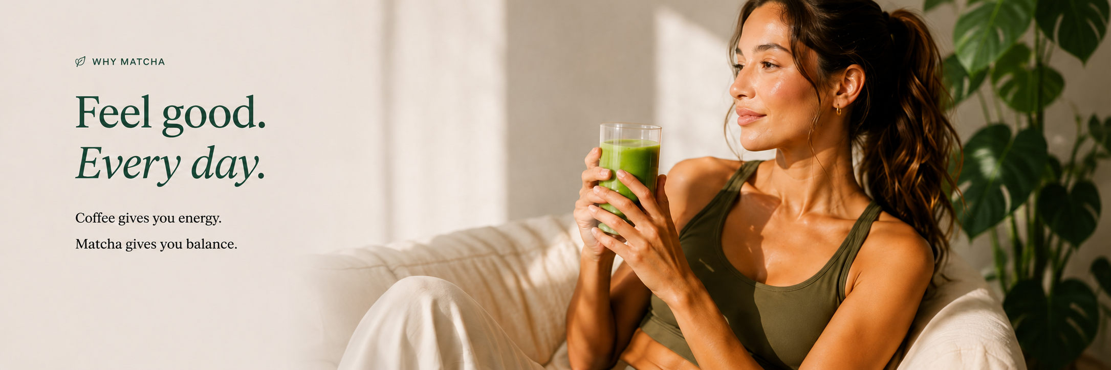 Premium ceremonial matcha providing natural energy, focus and balance. Woman drinking ceremonial matcha for natural energy, focus and daily wellbeing